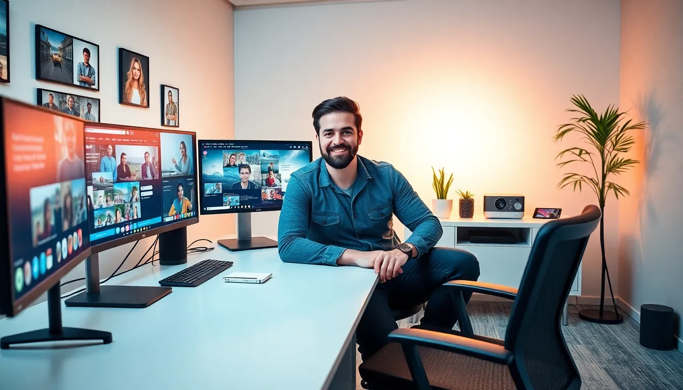 content creator streaming in a modern workspace with social media displays.
